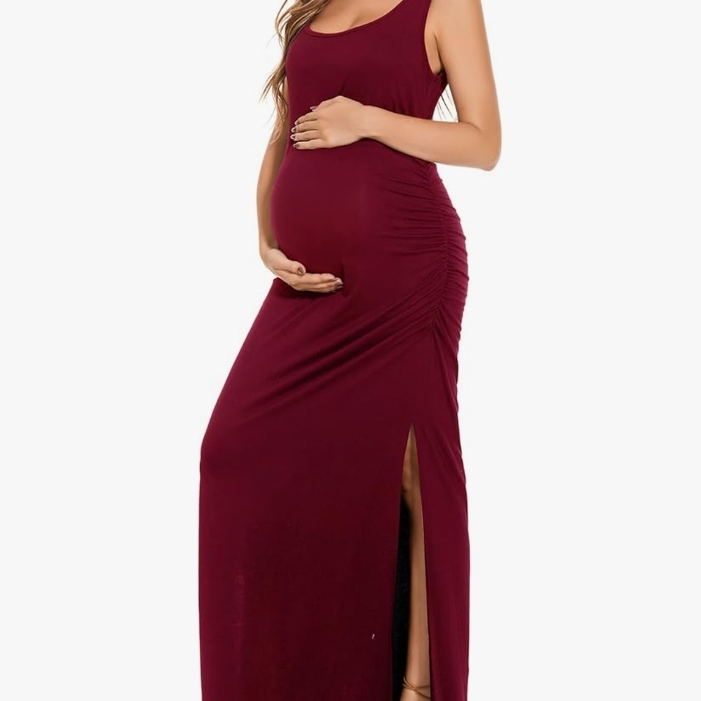 Smallshow Women's Long Maternity Dress Sleeveness Split Ruched Pregnancy Clothes